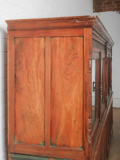 Large Two-Part Wooden Glass-Front Cabinet with Paneled Base and Carved Detail