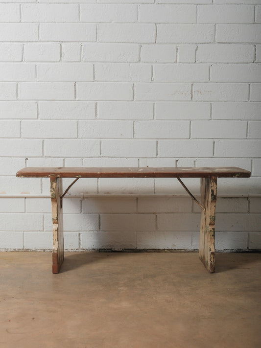 Primitive Wooden Bench with Original Chippy Paint and Rustic Patina