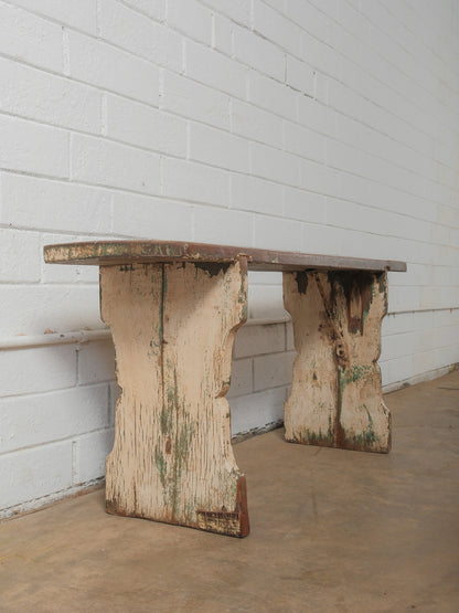Primitive Wooden Bench with Original Chippy Paint and Rustic Patina