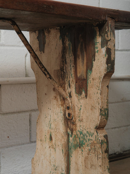Primitive Wooden Bench with Original Chippy Paint and Rustic Patina