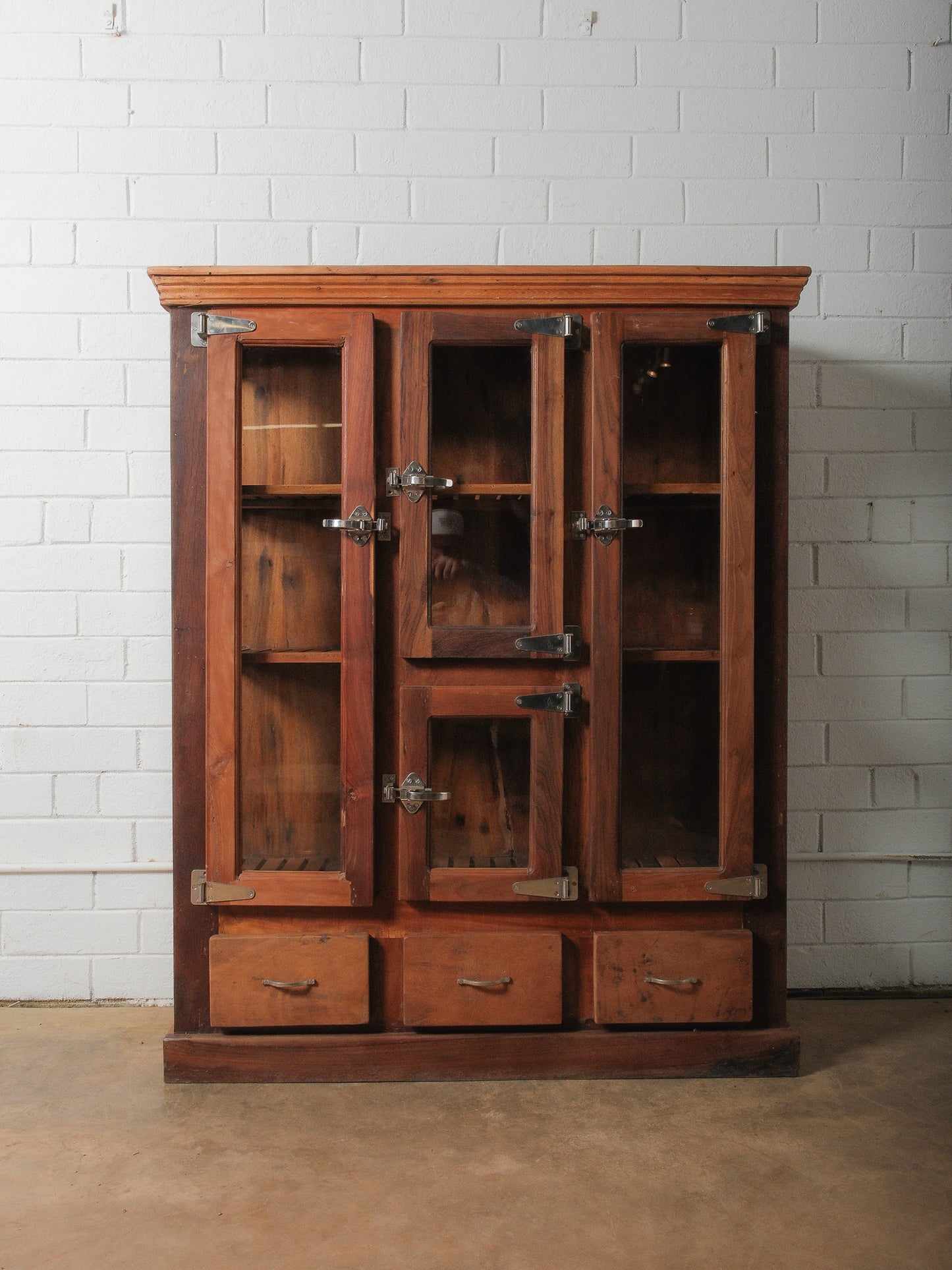 Wooden Glass-Front Cabinet with Dual-Sided Doors and Drawers