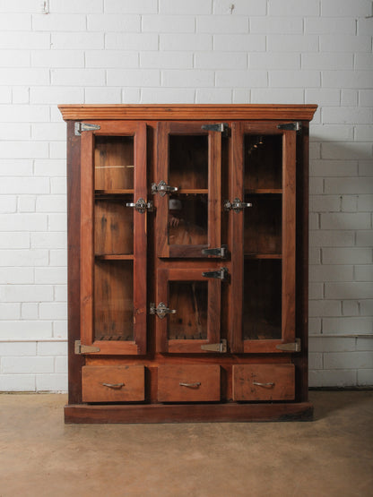 Wooden Glass-Front Cabinet with Dual-Sided Doors and Drawers