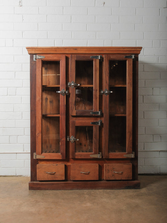 Wooden Glass-Front Cabinet with Dual-Sided Doors and Drawers