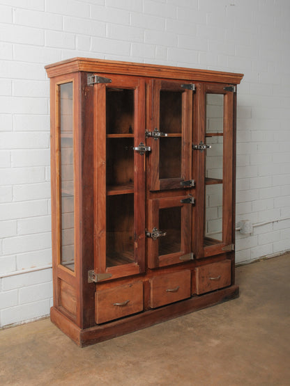 Wooden Glass-Front Cabinet with Dual-Sided Doors and Drawers