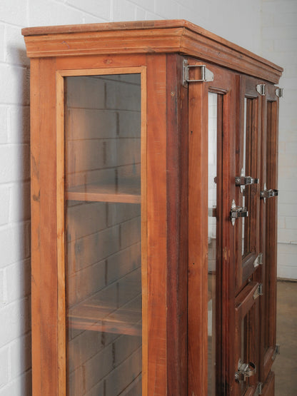 Wooden Glass-Front Cabinet with Dual-Sided Doors and Drawers