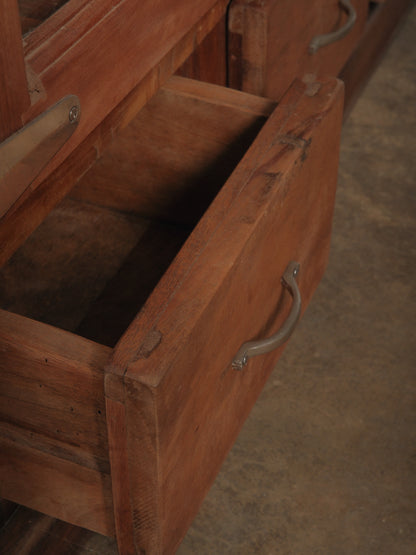 Wooden Glass-Front Cabinet with Dual-Sided Doors and Drawers
