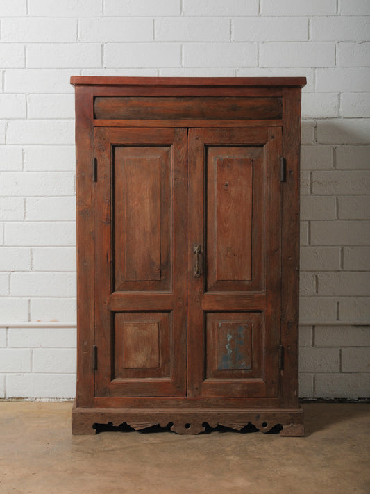 Primitive Wooden Storage Cabinet with Dual Paneled Doors and Iron Hardware