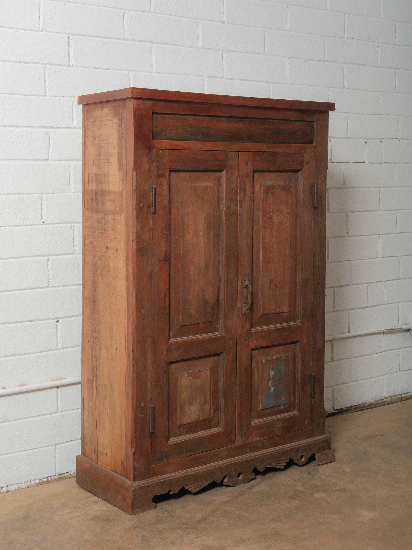 Primitive Wooden Storage Cabinet with Dual Paneled Doors and Iron Hardware