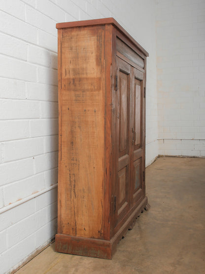 Primitive Wooden Storage Cabinet with Dual Paneled Doors and Iron Hardware