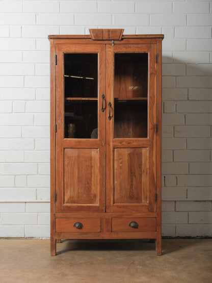 Solid Wood Glass-Front Almirah Cabinet with Double Doors and Drawers