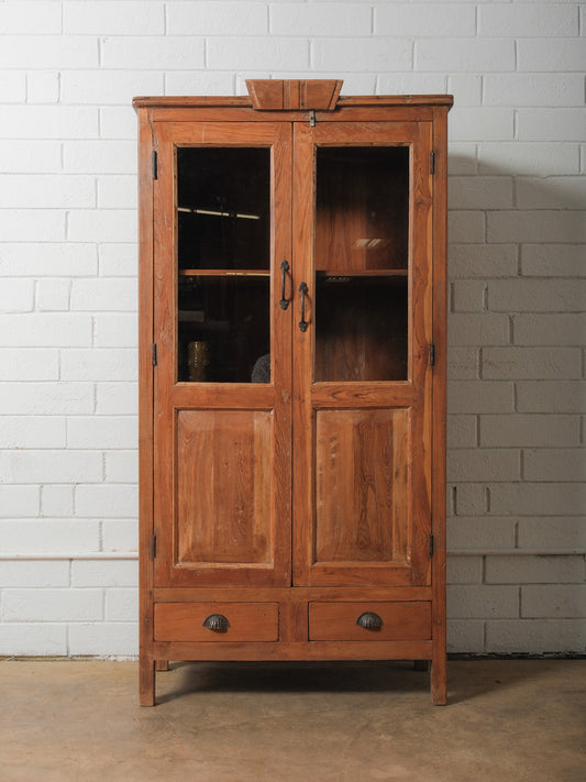 Solid Wood Glass-Front Almirah Cabinet with Double Doors and Drawers