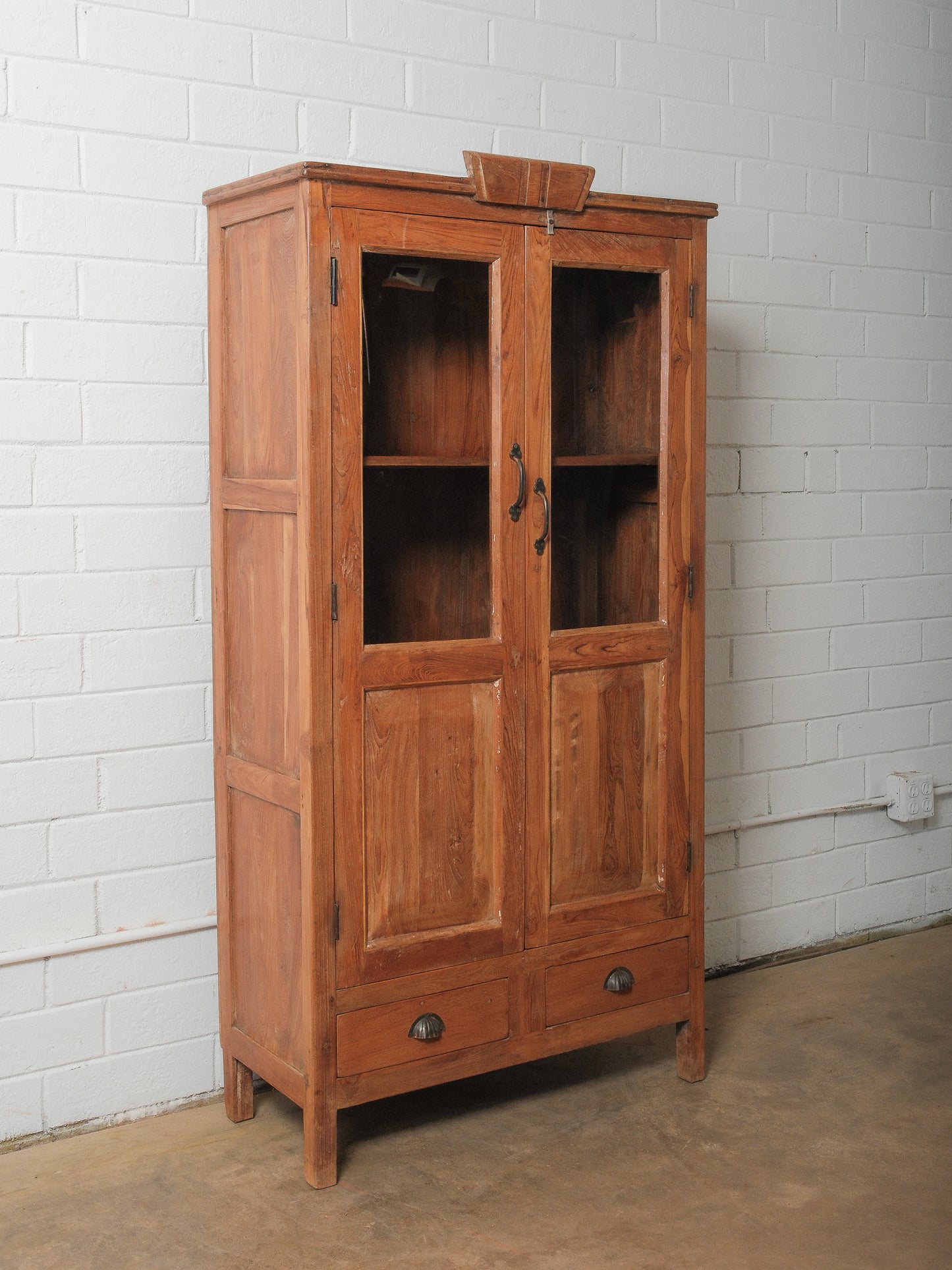 Solid Wood Glass-Front Almirah Cabinet with Double Doors and Drawers