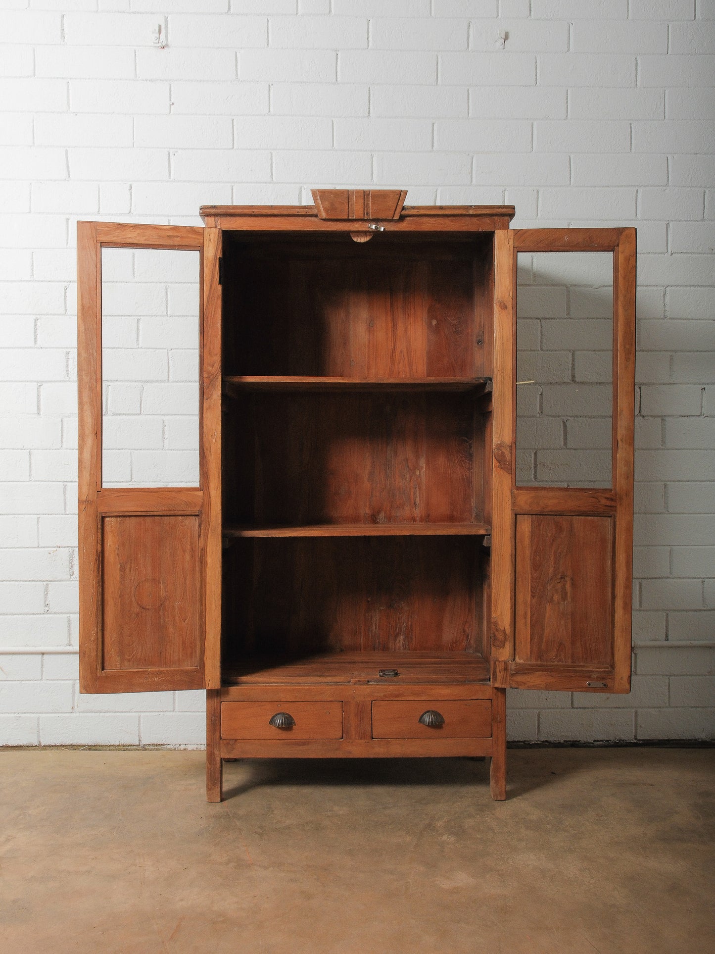 Solid Wood Glass-Front Almirah Cabinet with Double Doors and Drawers