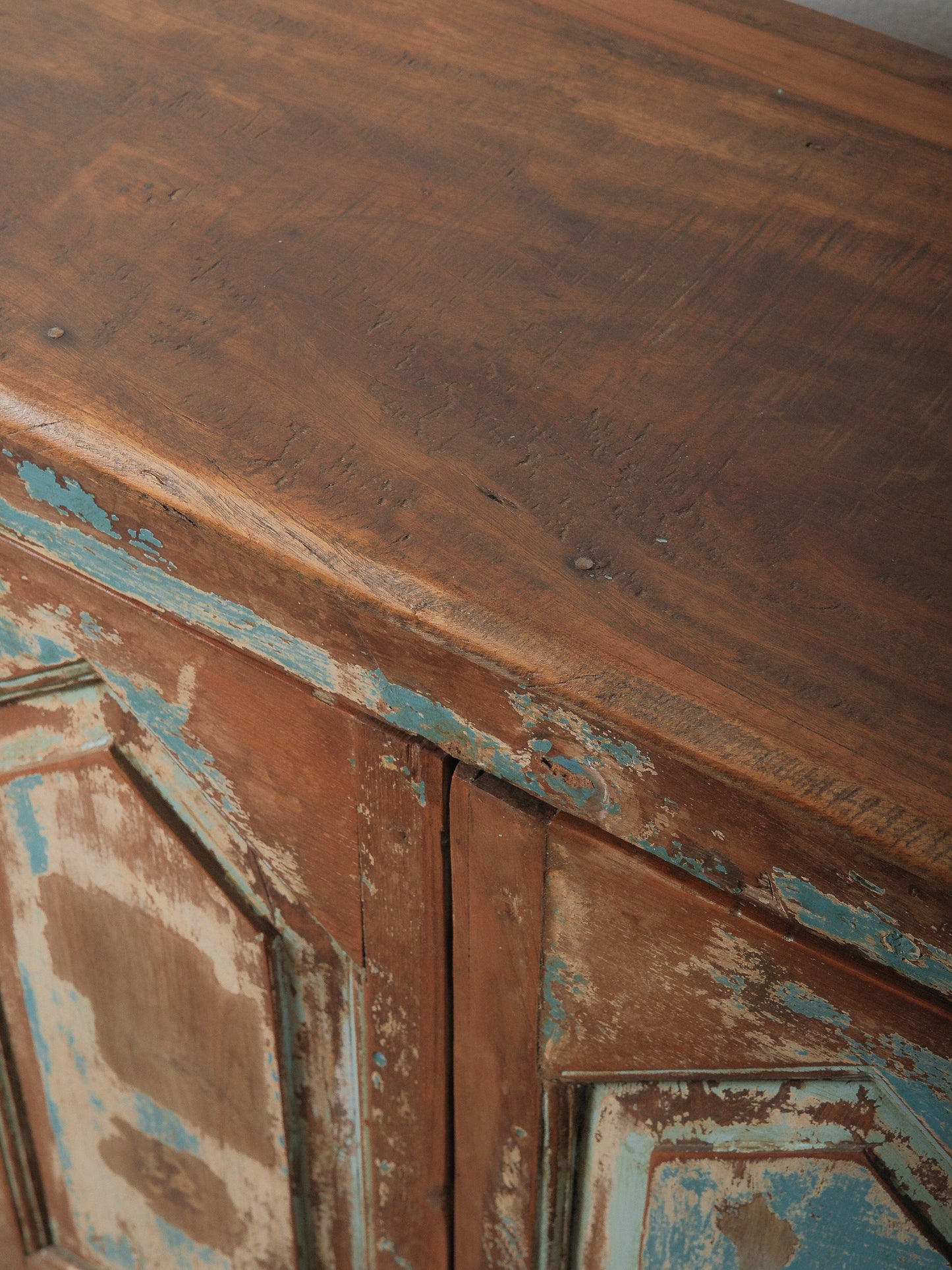 Chippy Blue Painted Wooden Storage Cabinet with Paneled Doors