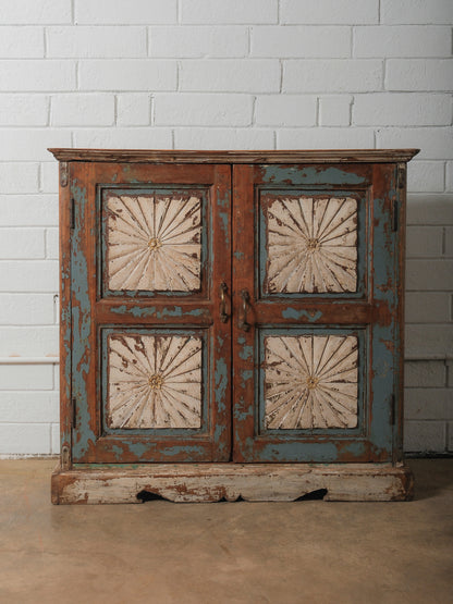 Hand-Carved Indian Wooden Cabinet with Sunburst Panels and Original Blue Paint