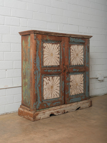 Hand-Carved Indian Wooden Cabinet with Sunburst Panels and Original Blue Paint