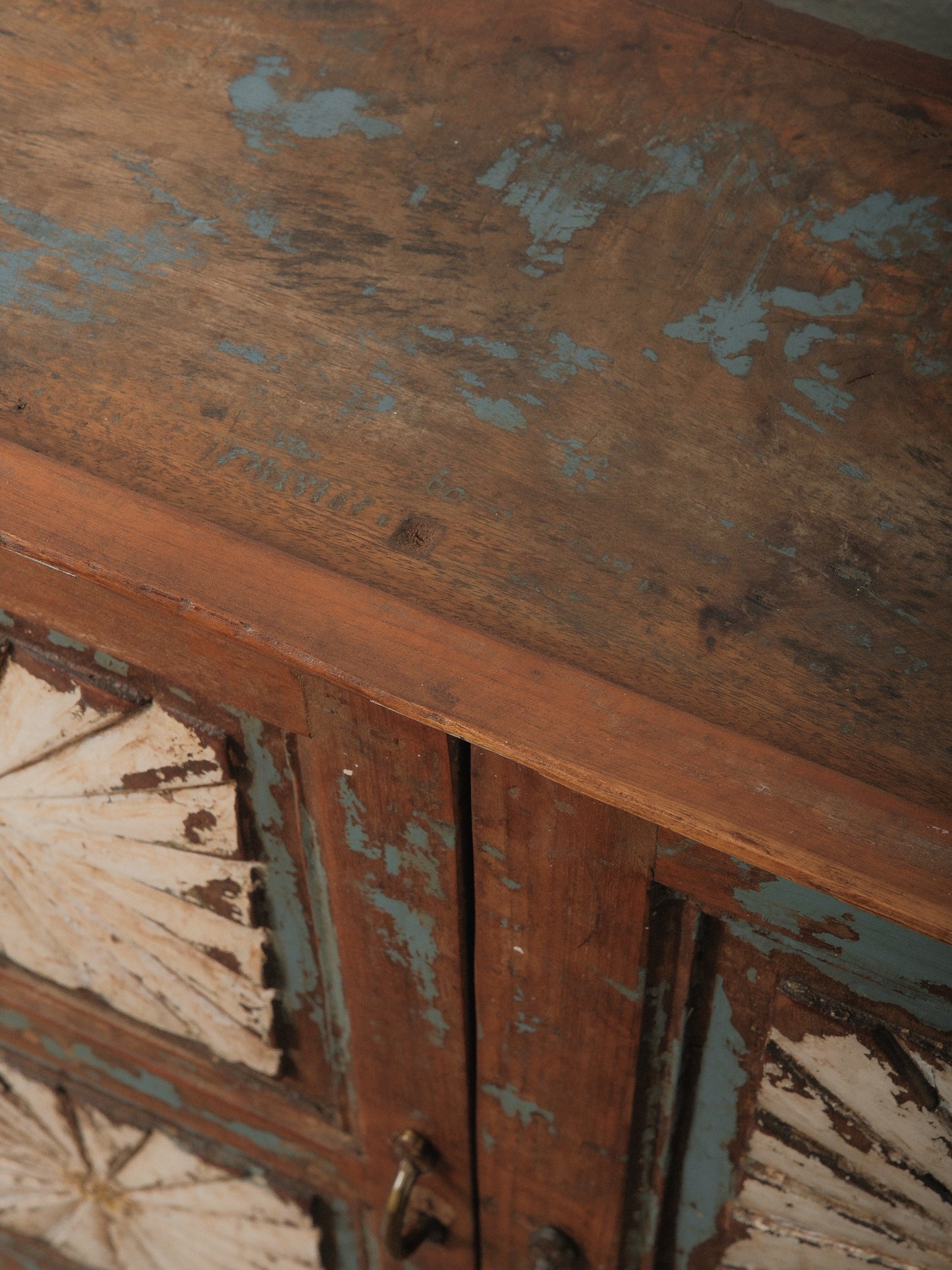 Hand-Carved Indian Wooden Cabinet with Sunburst Panels and Original Blue Paint