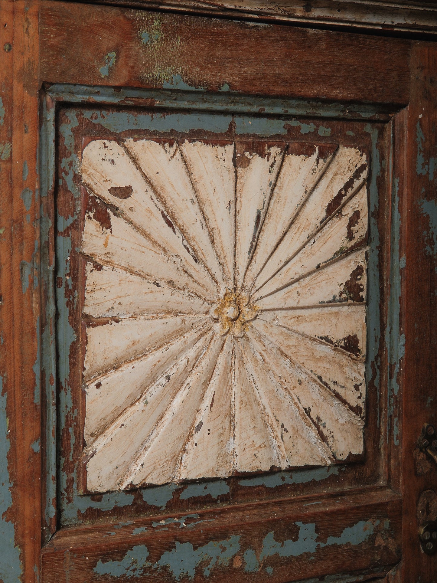 Hand-Carved Indian Wooden Cabinet with Sunburst Panels and Original Blue Paint