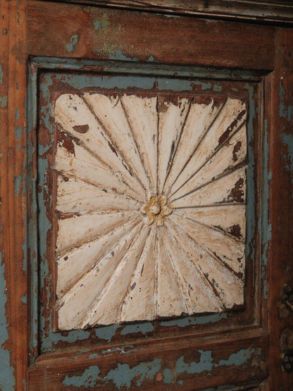 Hand-Carved Indian Wooden Cabinet with Sunburst Panels and Original Blue Paint