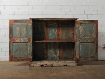 Hand-Carved Indian Wooden Cabinet with Sunburst Panels and Original Blue Paint