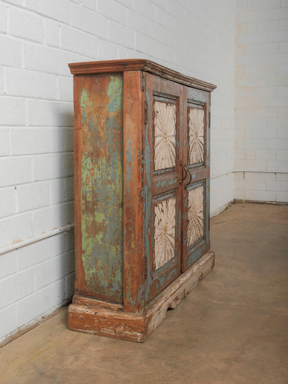 Hand-Carved Indian Wooden Cabinet with Sunburst Panels and Original Blue Paint