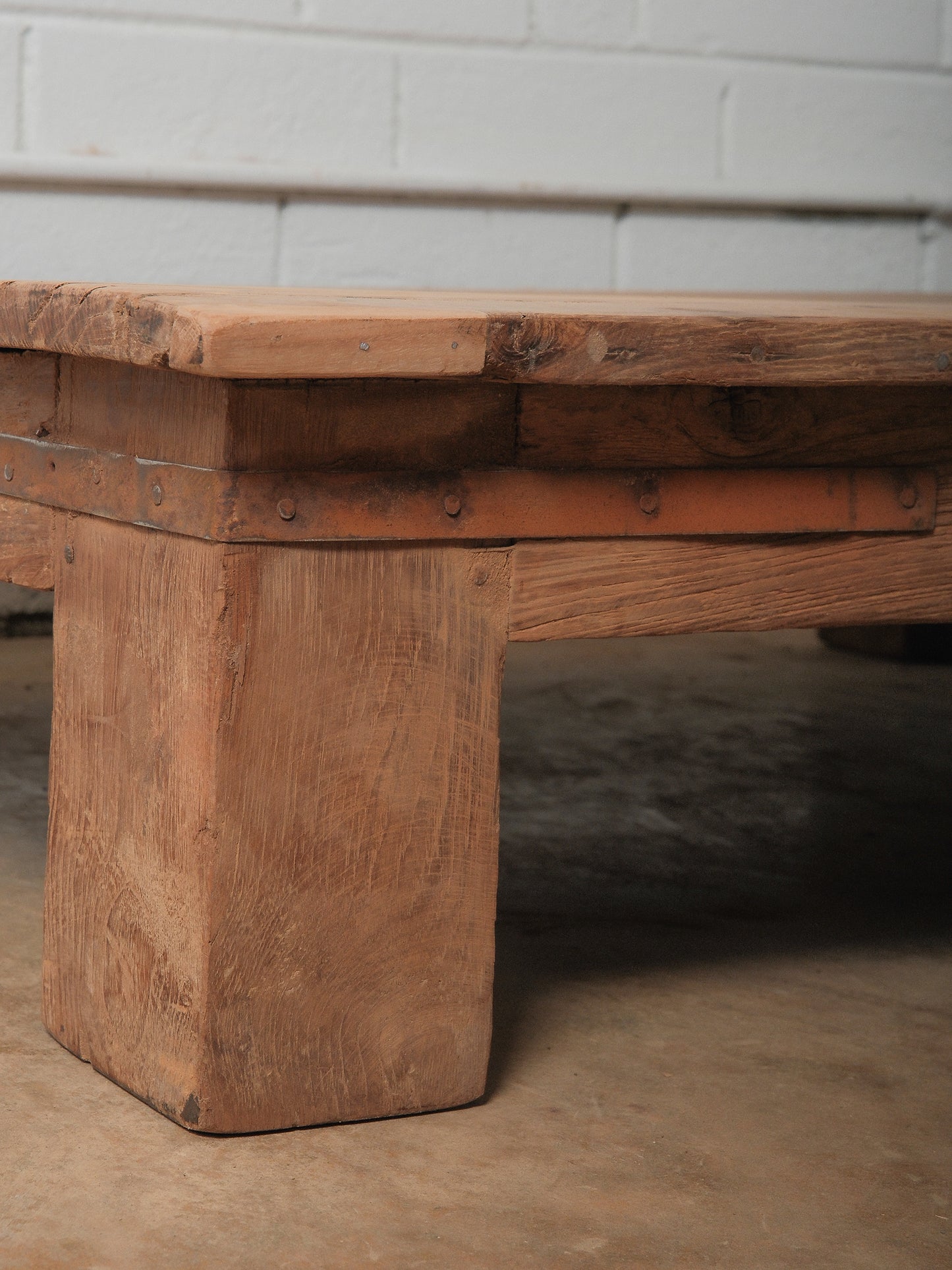Low Wooden Platform Coffee Table with Thick Block Legs