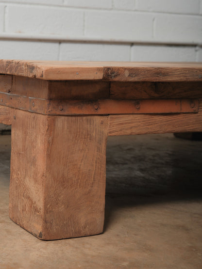 Low Wooden Platform Coffee Table with Thick Block Legs