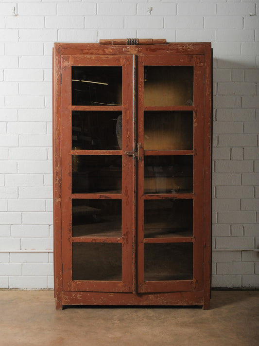 Vintage Painted Wood Glass-Front Cabinet with Original Hardware