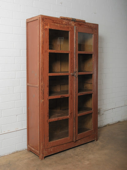 Vintage Painted Wood Glass-Front Cabinet with Original Hardware