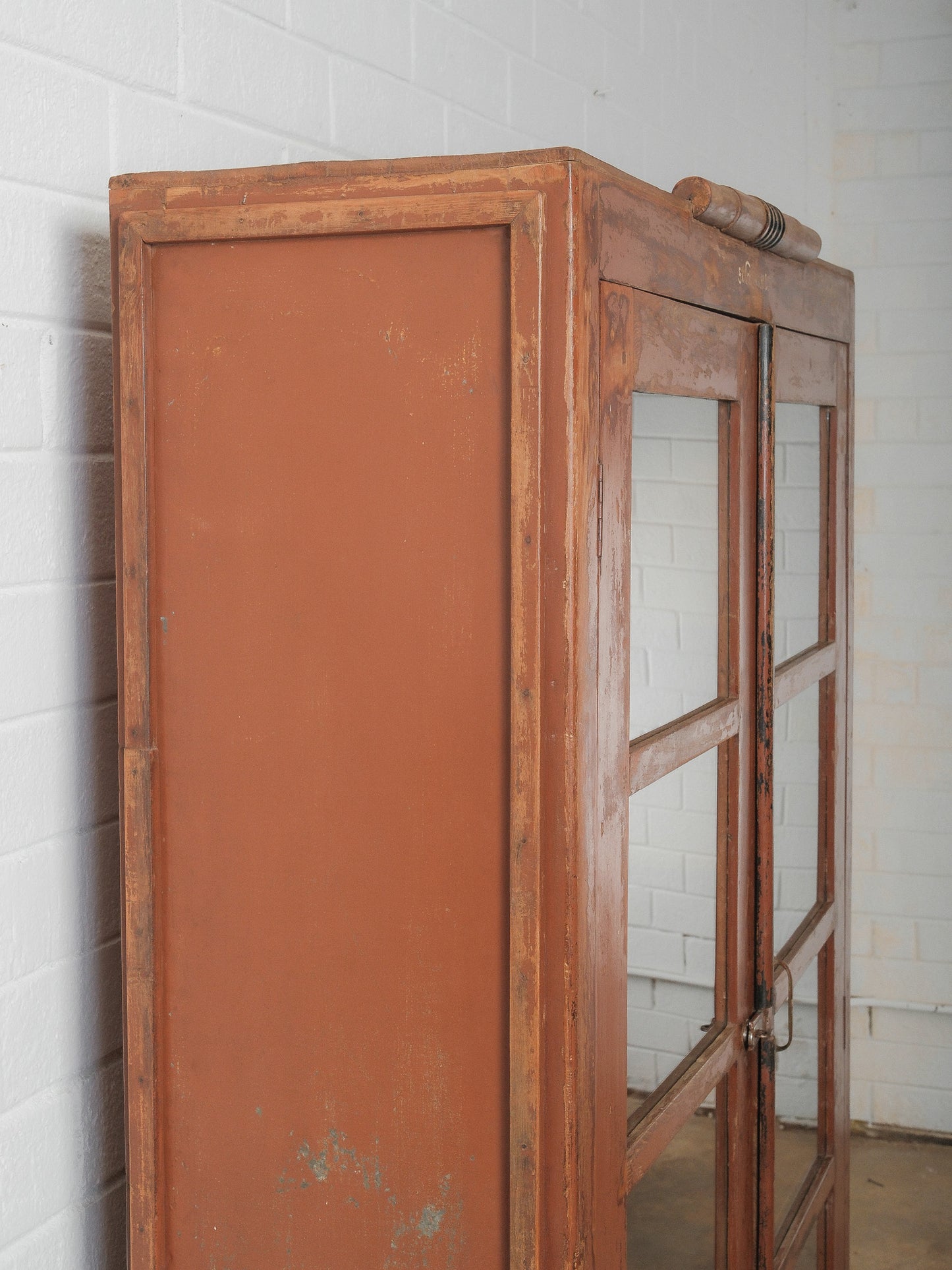 Vintage Painted Wood Glass-Front Cabinet with Original Hardware