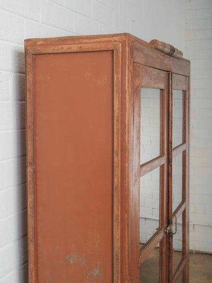 Vintage Painted Wood Glass-Front Cabinet with Original Hardware