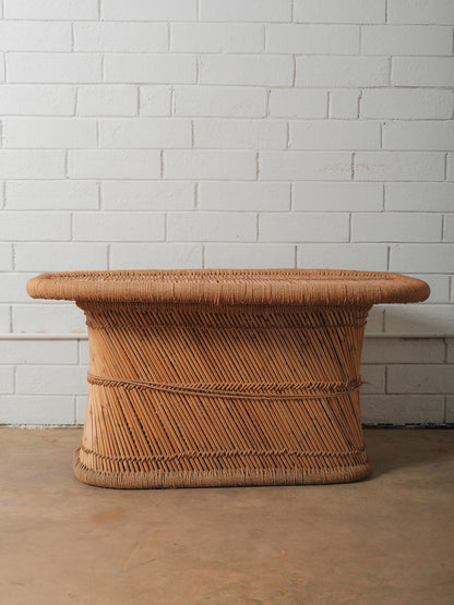 Woven Straw & Rattan Coffee Table with Sculptural Barrel Form