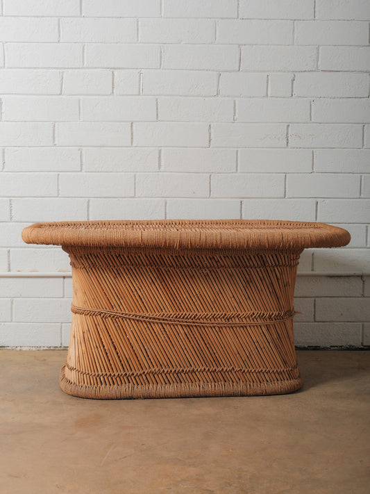 Woven Straw & Rattan Coffee Table with Sculptural Barrel Form