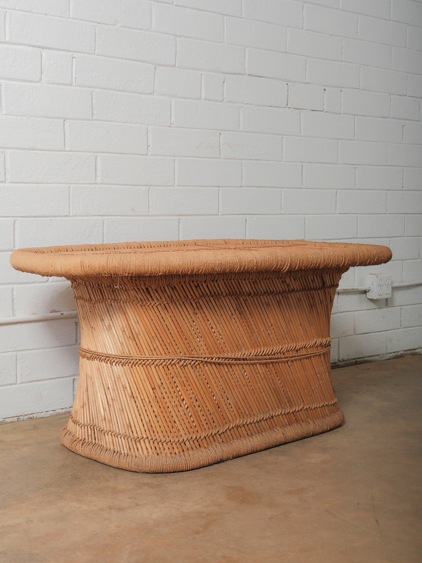 Woven Straw & Rattan Coffee Table with Sculptural Barrel Form