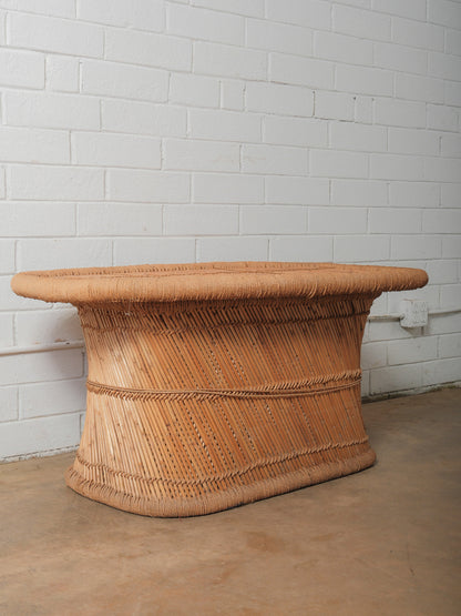 Woven Straw & Rattan Coffee Table with Sculptural Barrel Form