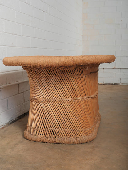 Woven Straw & Rattan Coffee Table with Sculptural Barrel Form