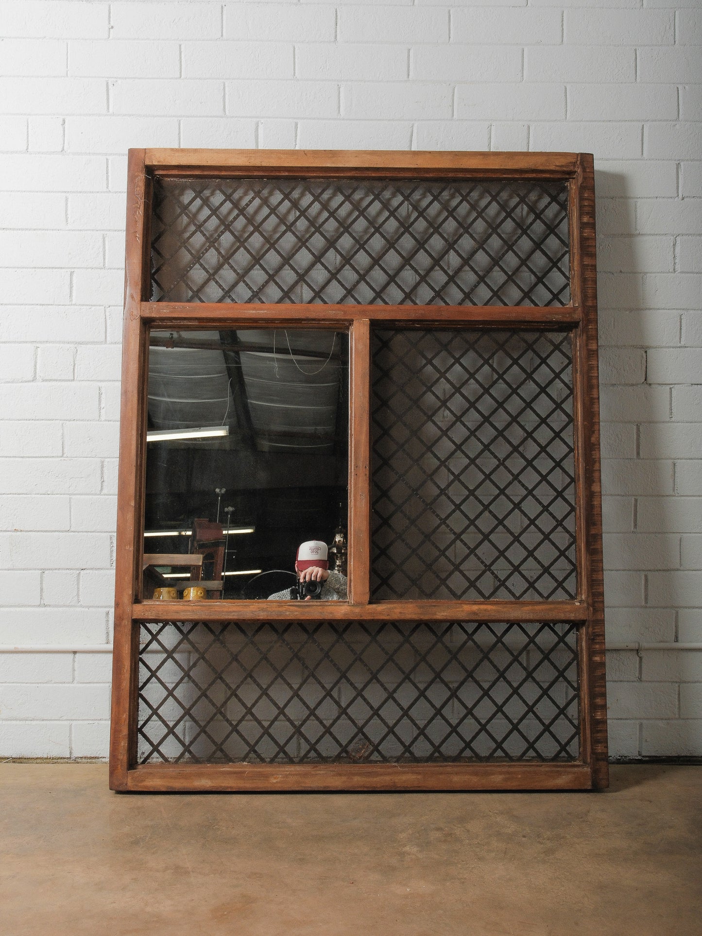 Wall-Mounted Architectural Wooden Frame Mirror With Iron Grill Paneling