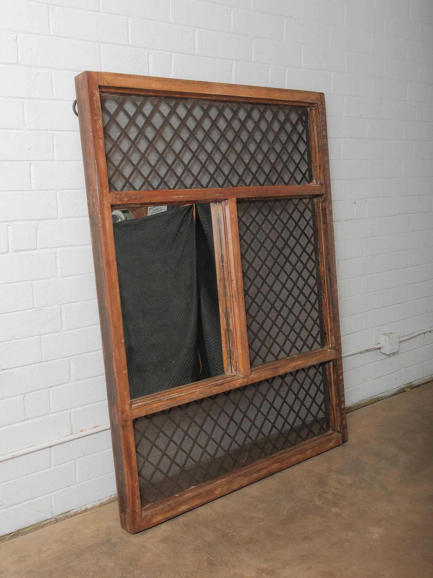 Wall-Mounted Architectural Wooden Frame Mirror With Iron Grill Paneling