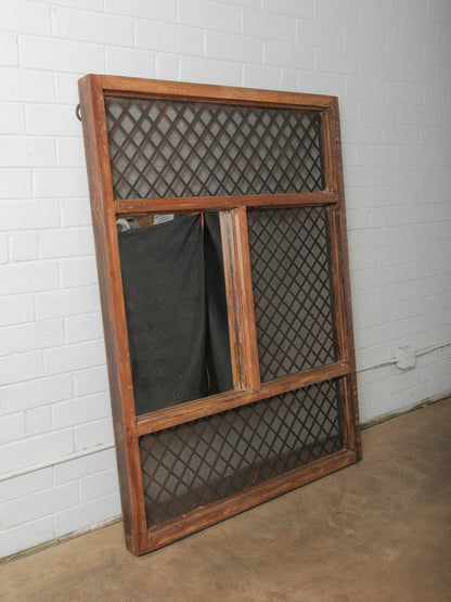 Wall-Mounted Architectural Wooden Frame Mirror With Iron Grill Paneling