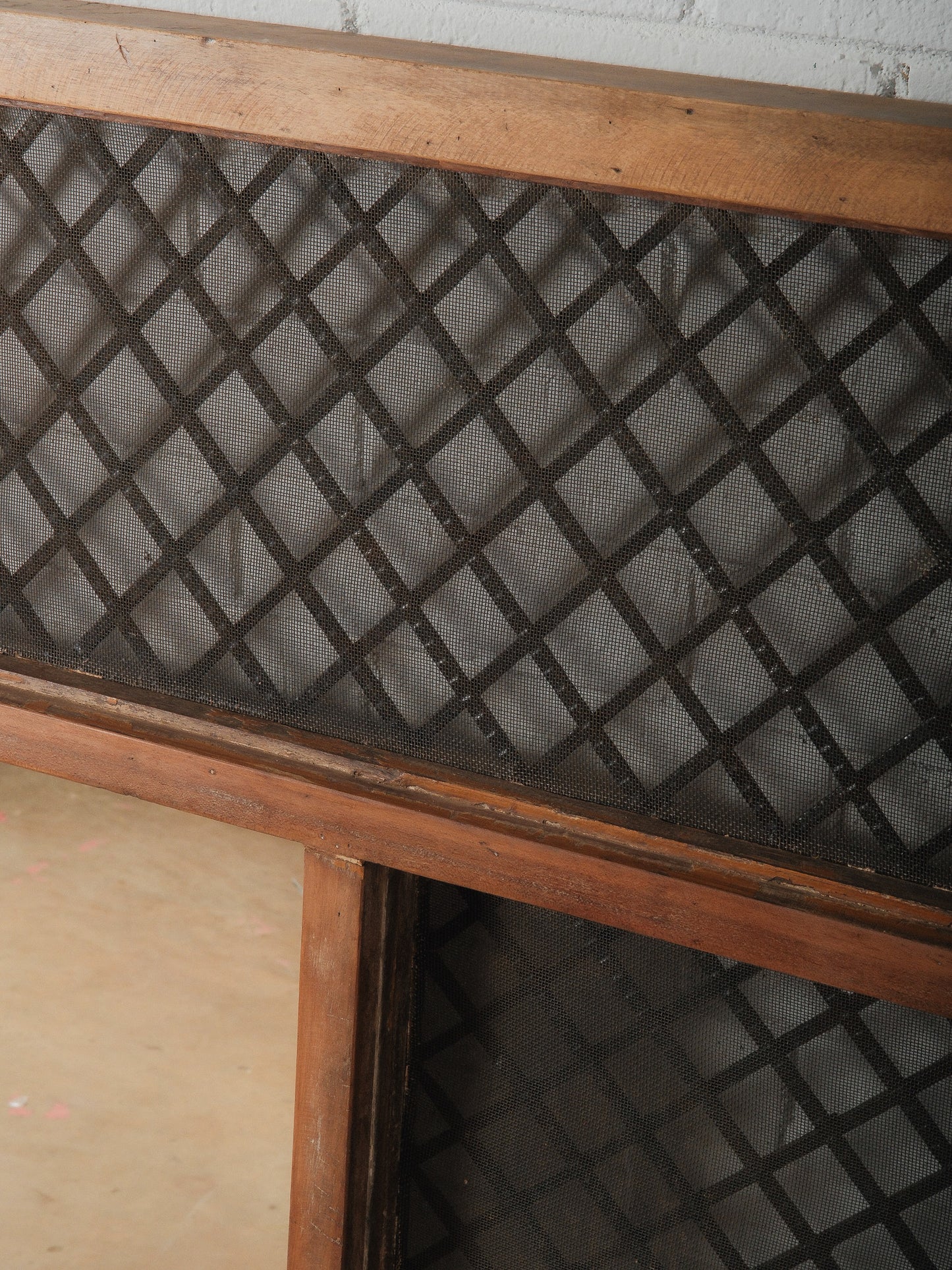 Wall-Mounted Architectural Wooden Frame Mirror With Iron Grill Paneling