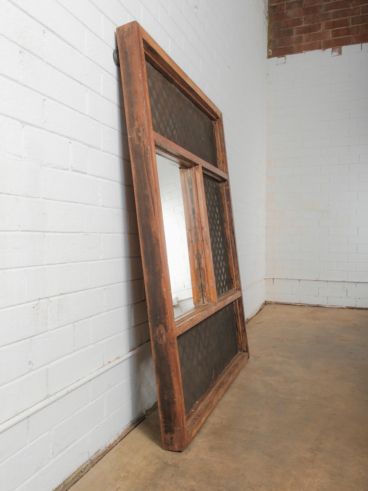 Wall-Mounted Architectural Wooden Frame Mirror With Iron Grill Paneling
