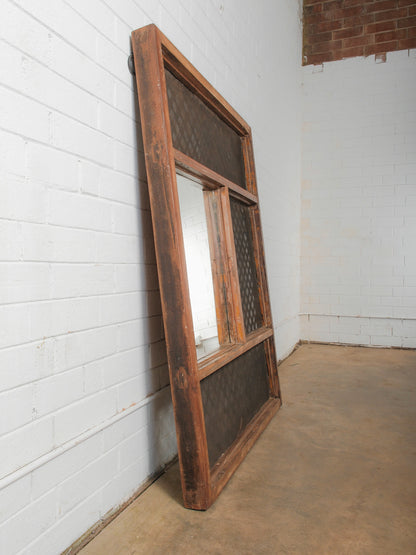 Wall-Mounted Architectural Wooden Frame Mirror With Iron Grill Paneling