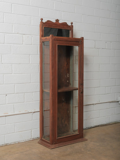 Wooden Glass Display Cabinet with Carved Crest and Original Hardware