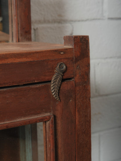 Wooden Glass Display Cabinet with Carved Crest and Original Hardware