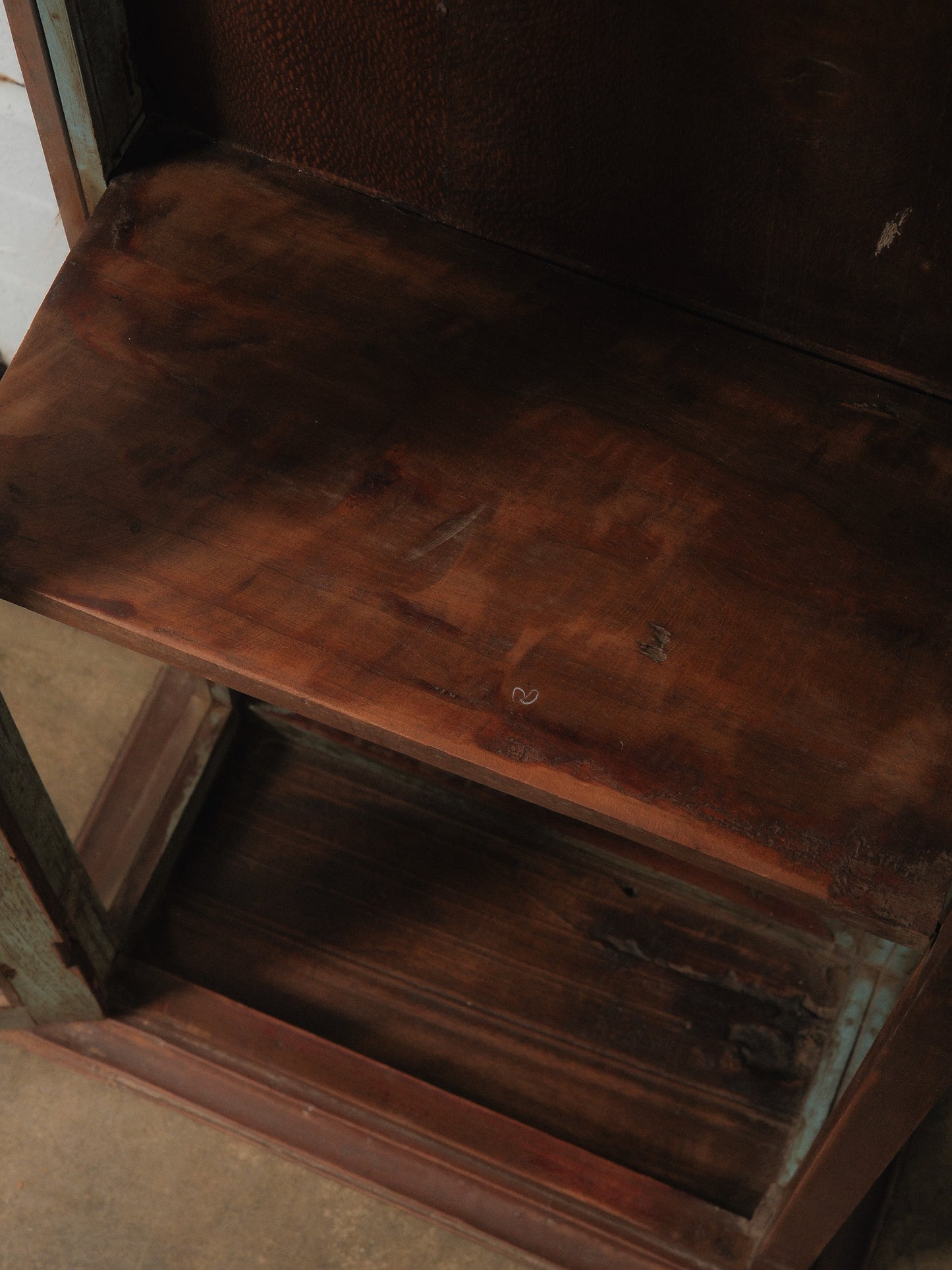 Wooden Glass Display Cabinet with Carved Crest and Original Hardware