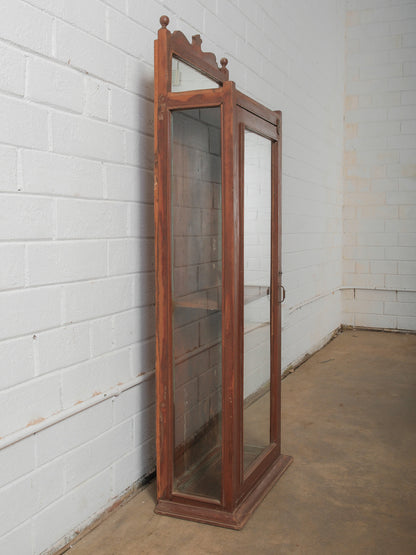 Wooden Glass Display Cabinet with Carved Crest and Original Hardware