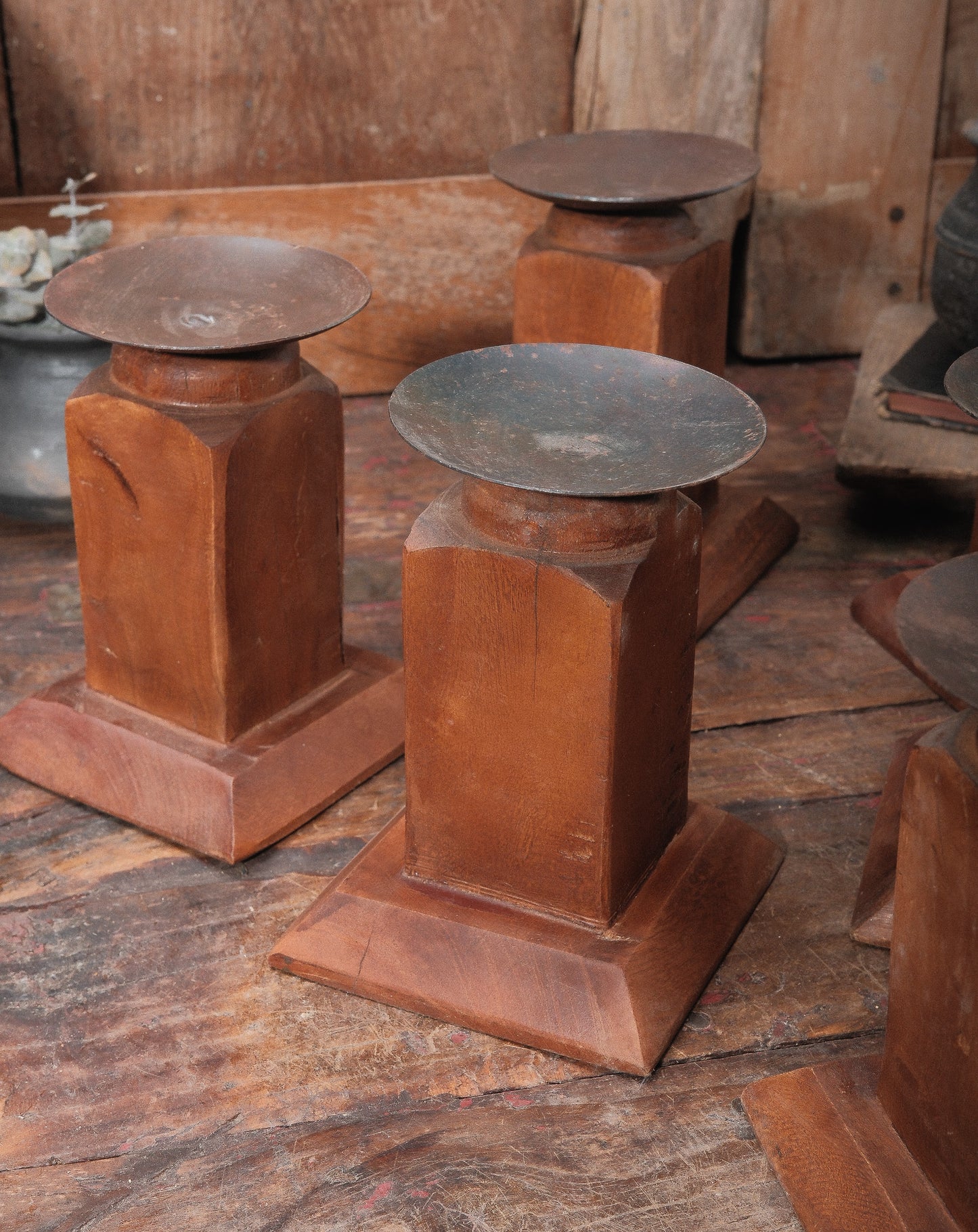 Vintage Architectural Wood Candle Holder with Block Pedestal