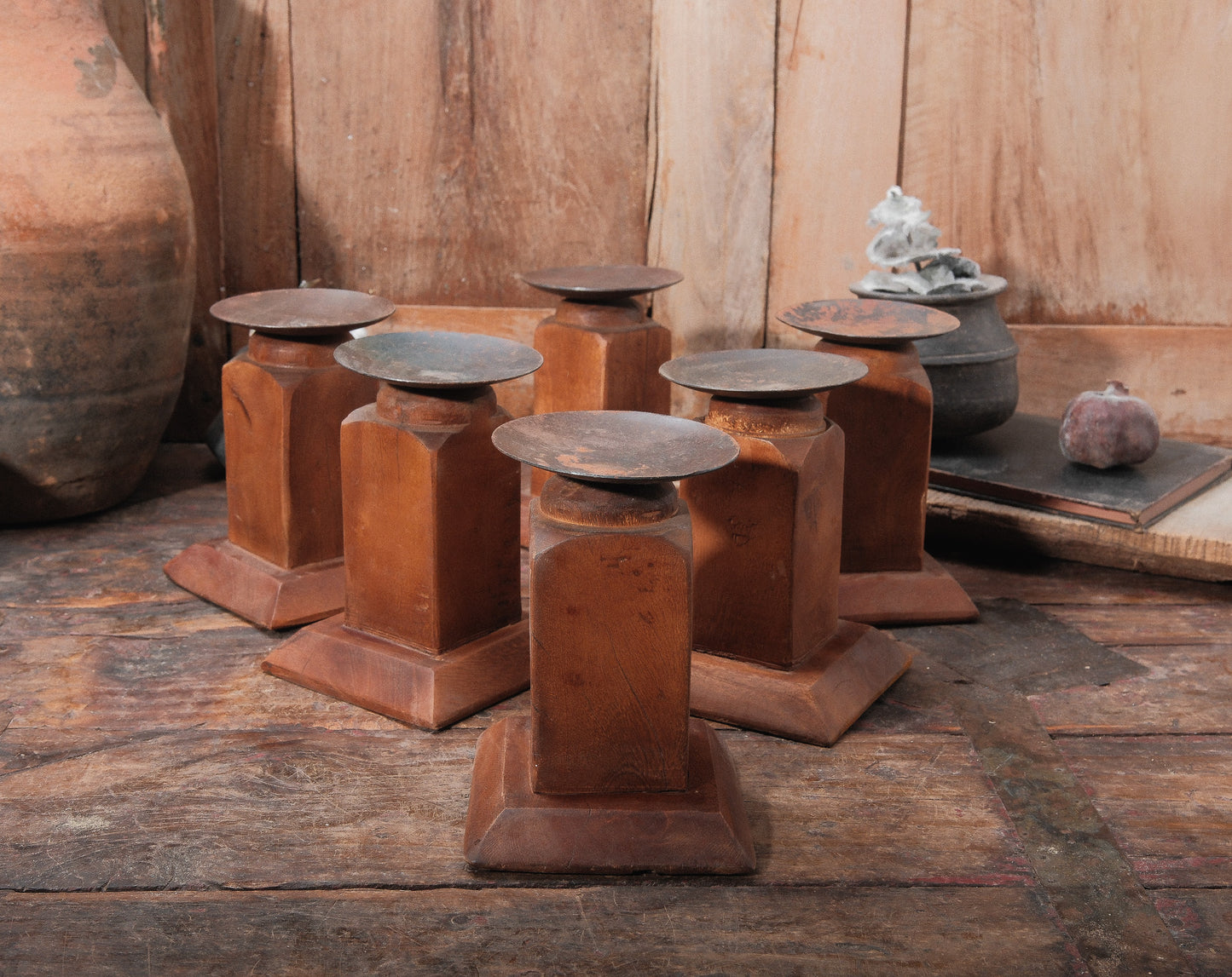 Vintage Architectural Wood Candle Holder with Block Pedestal