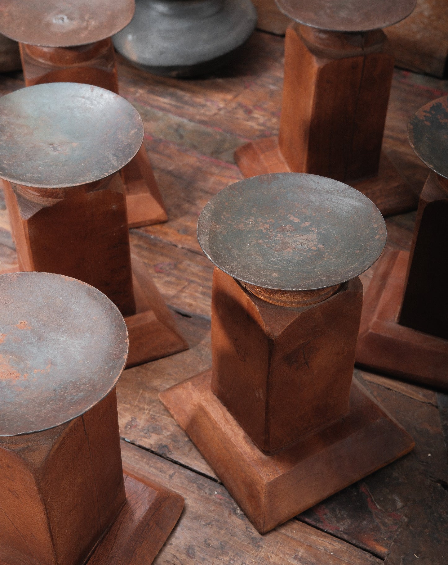 Vintage Architectural Wood Candle Holder with Block Pedestal