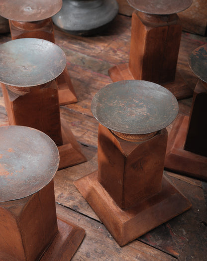 Vintage Architectural Wood Candle Holder with Block Pedestal